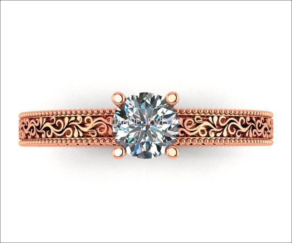 Rose Gold Engagement Ring, Filigree Shank, wth one Diamond - Lianne Jewelry