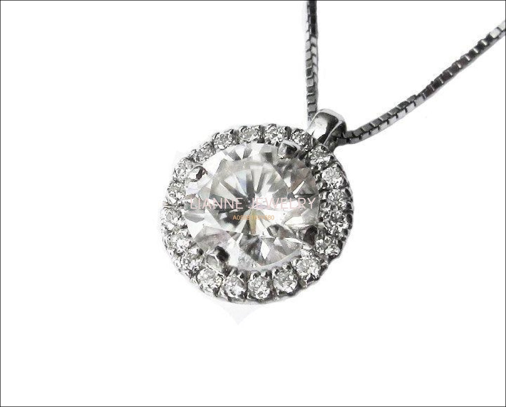 Pendant 14K White Gold Moissanite Diamond Halo Pendant with Chain Minimalist pendant - Lianne Jewelry