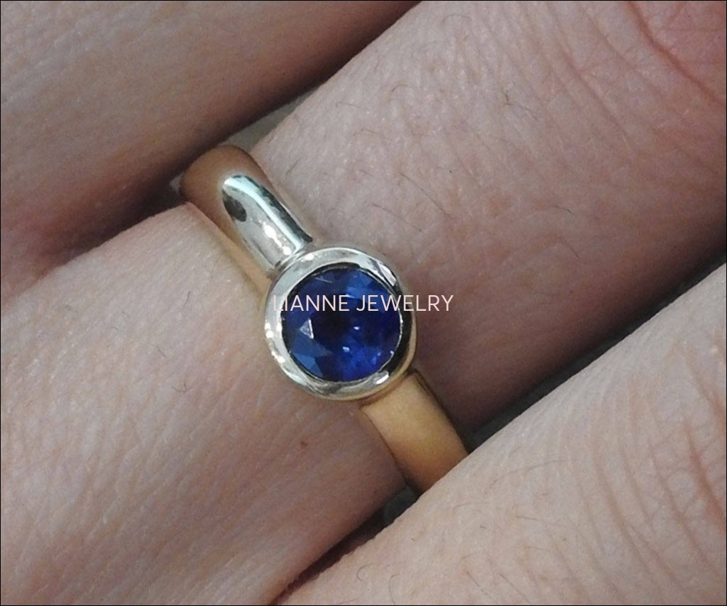 Solitaire Sapphire Ring Halo Ring Engagement Ring Bezel set Sapphire in 14K Yellow gold September Birthstone - Lianne Jewelry