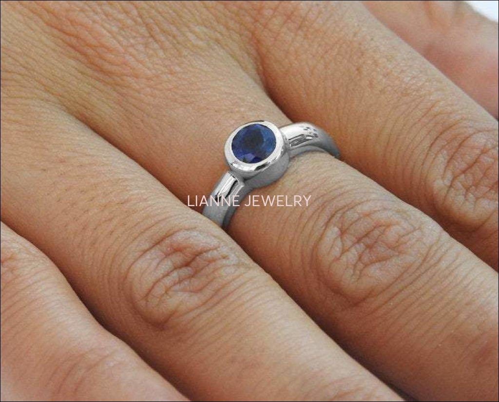 Promise Ring Sapphire Ring Round Solitaire Ring Engagement Ring Bezel set Sapphire Ring 14K White gold September Birthstone - Lianne Jewelry