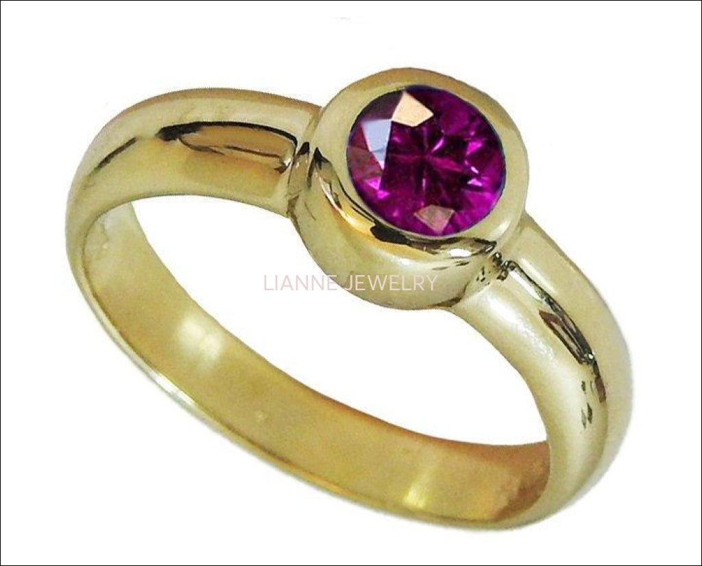 Solitaire Amethyst Ring Halo Ring Engagement Ring Bezel set Purple Genuine Gemstone  in 14K Yellow gold February Birthstone - Lianne Jewelry