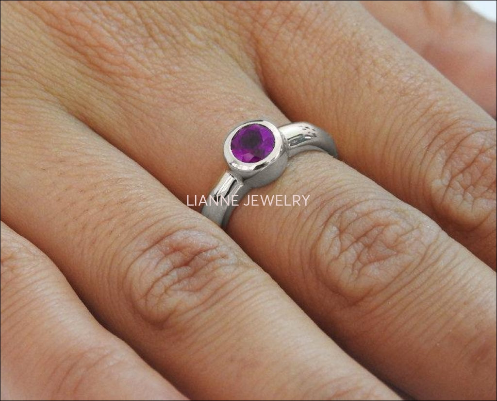 Solitaire Amethyst Ring Halo Ring Engagement Ring Bezel set Purple Genuine Gemstone  in 14K White gold February Birthstone - Lianne Jewelry