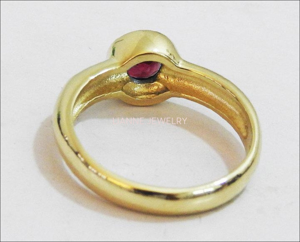 Ruby Ring Halo Ring Solitaire Engagement Ring Bezel set Red Genuine Gemstone  in 14K Yellow gold February Birthstone Gift - Lianne Jewelry