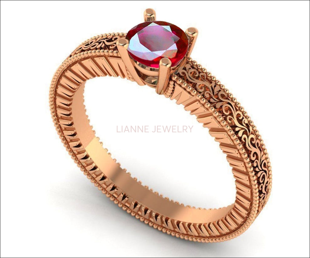 Solitaire Filigree Ruby Ring Unique Ruby Engagement ring Milgrain Ring 18K Yellow Gold Ring - Lianne Jewelry