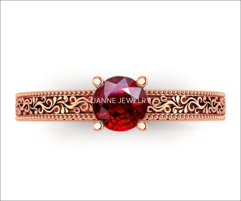 Solitaire Filigree Ruby Ring Unique Ruby Engagement ring Milgrain Ring 18K Yellow Gold Ring - Lianne Jewelry