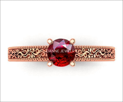 Solitaire Filigree Ruby Ring Unique Ruby Engagement ring Milgrain Ring 18K Yellow Gold Ring - Lianne Jewelry