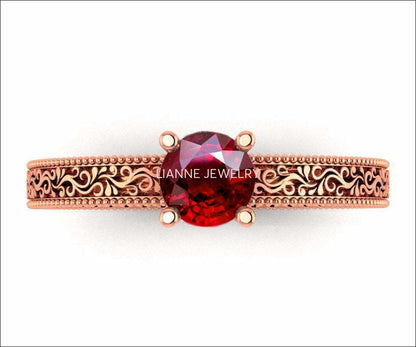 Solitaire Filigree Ruby Ring Unique Ruby Engagement ring Milgrain Ring 18K White Gold Ring - Lianne Jewelry