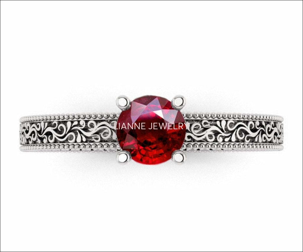 Solitaire Filigree Ruby Ring Unique Ruby Engagement ring Milgrain Ring 18K White Gold Ring - Lianne Jewelry