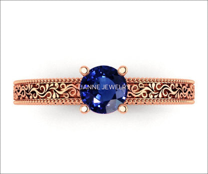 Sapphire Solitaire Filigree Ring, Unique Blue Genuine Sapphire Engagement ring Milgrain Ring 18K Yellow Gold Ring - Lianne Jewelry