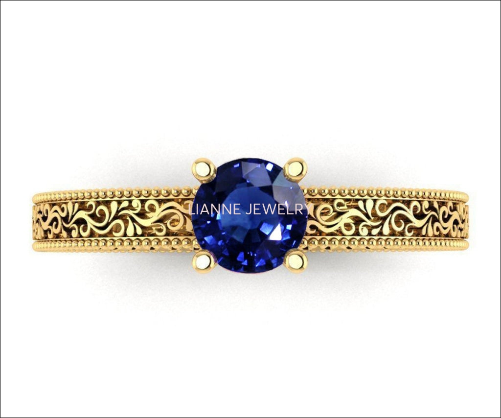 Sapphire Solitaire Filigree Ring, Unique Blue Genuine Sapphire Engagement ring Milgrain Ring 18K Yellow Gold Ring - Lianne Jewelry