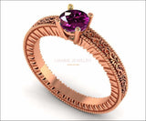 18K Rose Gold Solitaire Filigree Amethyst Ring Unique Purple Amethyst Engagement Ring  Milgrain Ring Ring - Lianne Jewelry