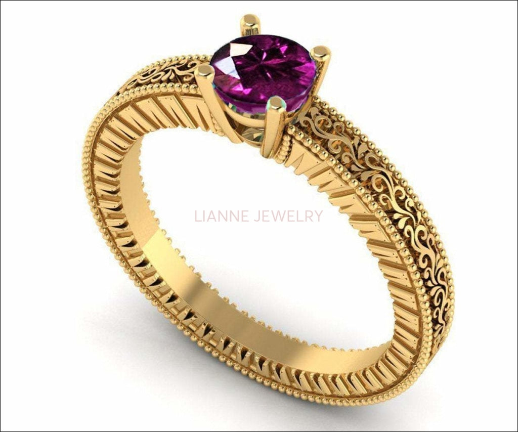 18K Rose Gold Solitaire Filigree Amethyst Ring Unique Purple Amethyst Engagement Ring  Milgrain Ring Ring - Lianne Jewelry