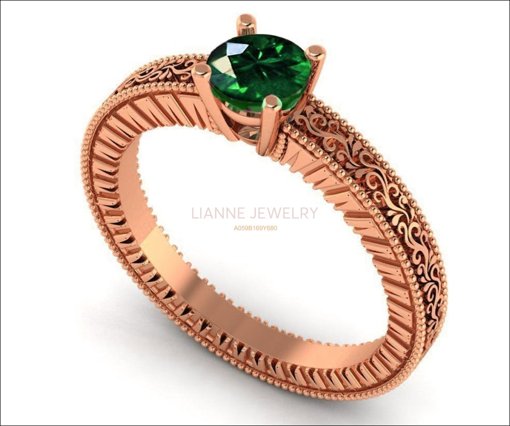 18K Rose Gold Solitaire Filigree Emerald Ring Unique Milgrain Engagement Ring - Lianne Jewelry