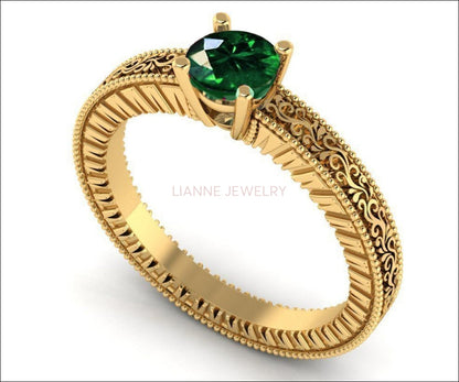 18K Rose Gold Solitaire Filigree Emerald Ring Unique Milgrain Engagement Ring - Lianne Jewelry