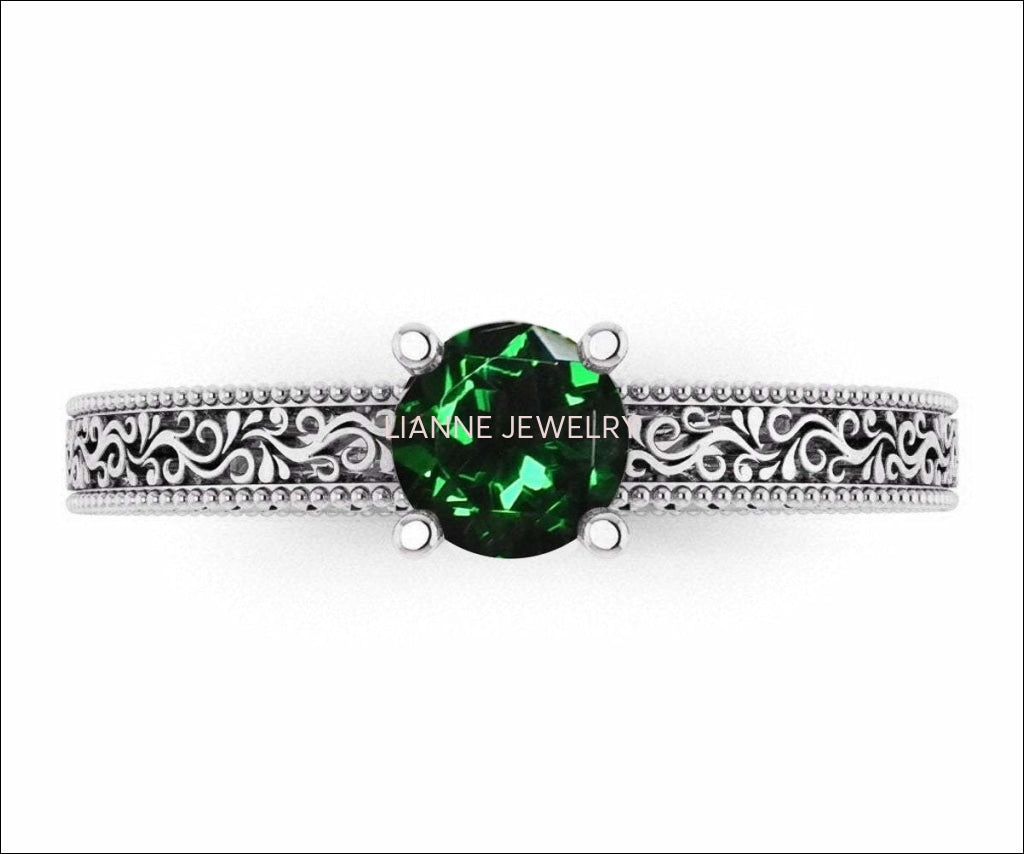 18K White Gold Solitaire Filigree Emerald Ring Unique Milgrain Engagement Ring - Lianne Jewelry