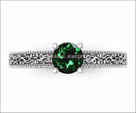 18K White Gold Solitaire Filigree Emerald Ring Unique Milgrain Engagement Ring - Lianne Jewelry