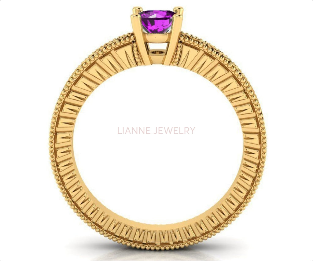 Solitaire Filigree Amethyst Ring Unique Purple Amethyst Engagement Ring  Milgrain Ring 18K Yellow Gold Ring - Lianne Jewelry