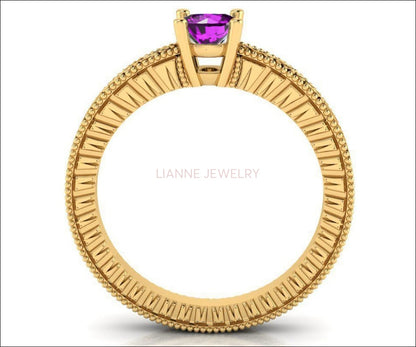 Solitaire Filigree Amethyst Ring Unique Purple Amethyst Engagement Ring  Milgrain Ring 18K Yellow Gold Ring - Lianne Jewelry