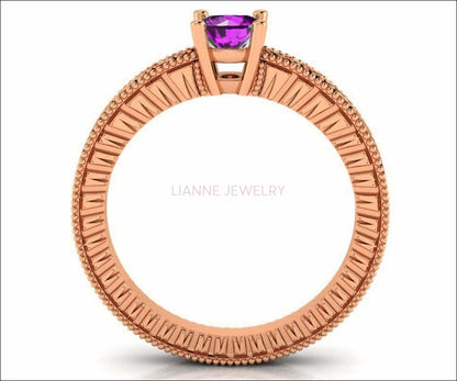 18K Rose Gold Solitaire Filigree Amethyst Ring Unique Purple Amethyst Engagement Ring  Milgrain Ring Ring - Lianne Jewelry