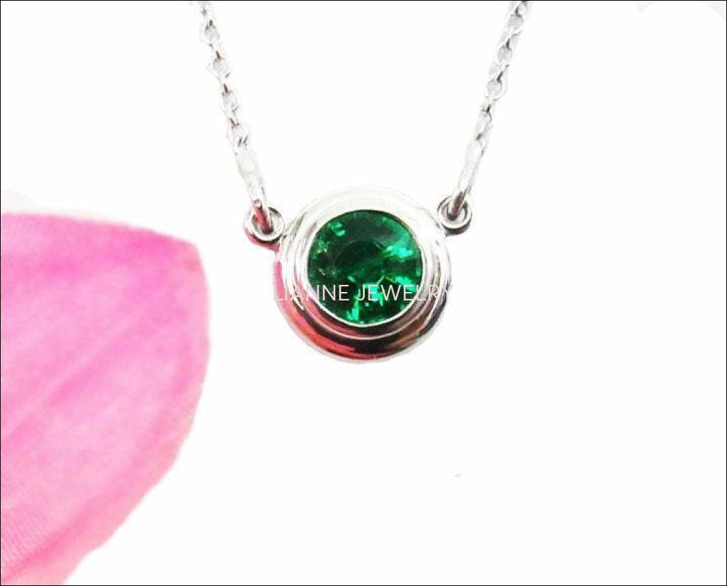 Emerald Pendant Round Pendant Top Quality Chatham Emerald 14K White gold May Birthstone - Lianne Jewelry