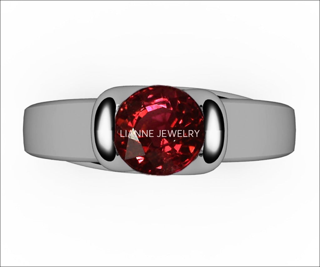 Ruby Ring Unique Engagement Ring Solitaire Ring Bar setting Tension Heavy Ring 18K Yellow gold For Her as - Lianne Jewelry