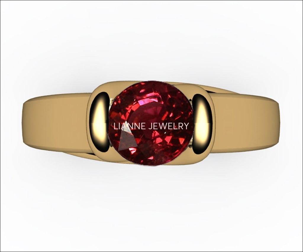 Ruby Ring Unique Engagement Ring Solitaire Ring Bar setting Tension Heavy Ring 18K Yellow gold For Her as - Lianne Jewelry