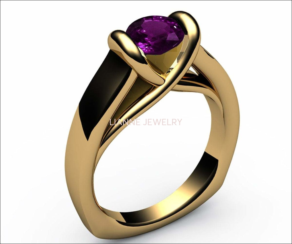 Solitaire Amethyst Tension Ring, Cathedral Twist Ring, Unique Engagement Ring, Heavy Bar Setting Ring, 18K Gold - Lianne Jewelry