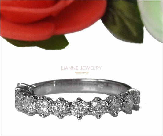 11th Anniversary Band Diamond Wedding band  for Her Half Eternity Stacking ring Minimalist ring 14K or 18K White Gold - Lianne Jewelry