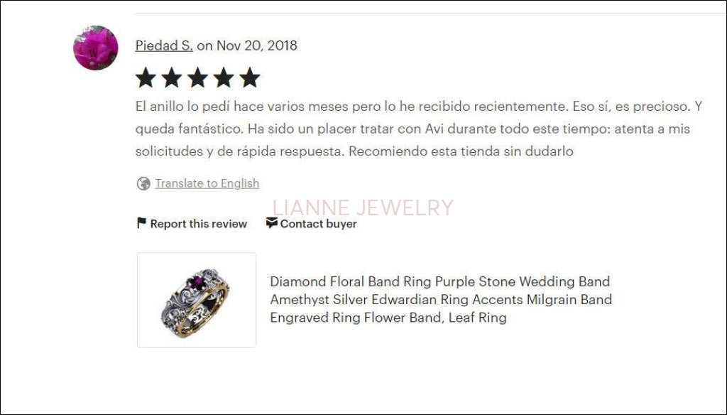 Diamond Floral Band Ring Purple Stone Wedding Band Amethyst Silver Edwardian Ring Accents Milgrain Band Engraved Ring Flower Band, Leaf Ring - Lianne Jewelry