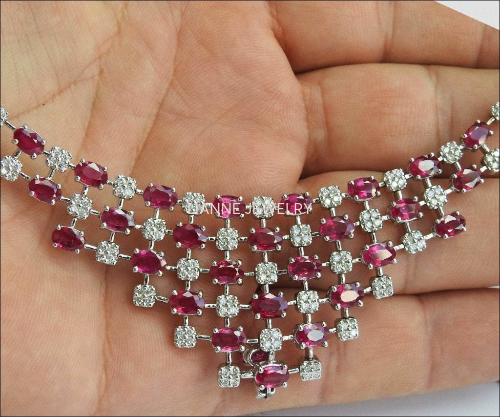 21 ct Unique Necklace Ruby Diamond 14K Gold 45 grams Vintage Ruby Necklace - Lianne Jewelry