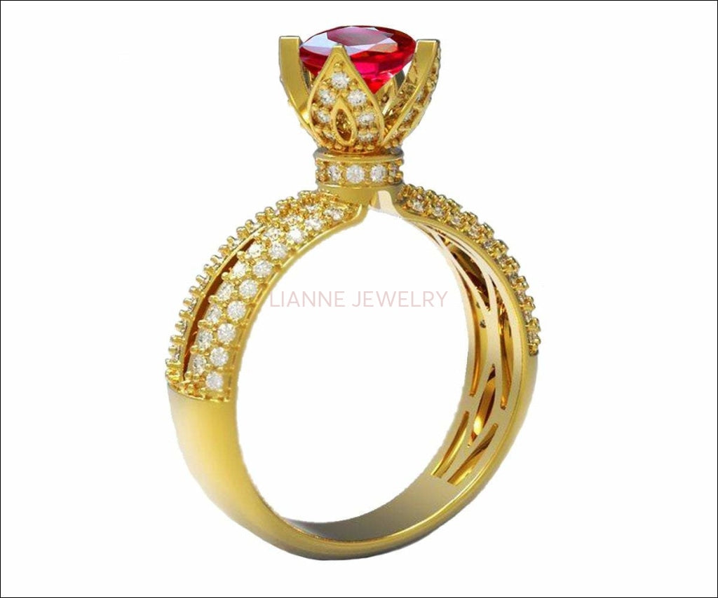 Ruby Crown Statement Ring Filigree Solitaire Red Ring 18K Rose Gold Unique Ring Split Shank Pave setting Ring - Lianne Jewelry