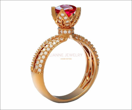 Ruby Crown Statement Ring Filigree Solitaire Red Ring 18K Rose Gold Unique Ring Split Shank Pave setting Ring - Lianne Jewelry