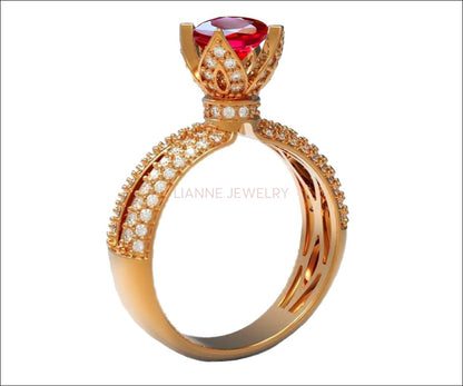 Ruby Crown Ring Filigree Solitaire Red Ring 18K Gold ring Unique Engagement Ring Split Shank Pave setting Ring - Lianne Jewelry