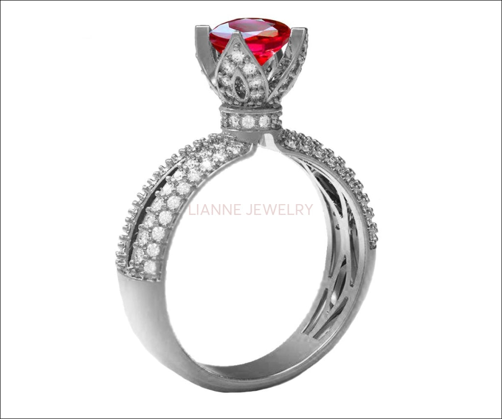 Ruby Crown Ring Filigree Solitaire Red Ring 18K Gold ring Unique Engagement Ring Split Shank Pave setting Ring - Lianne Jewelry