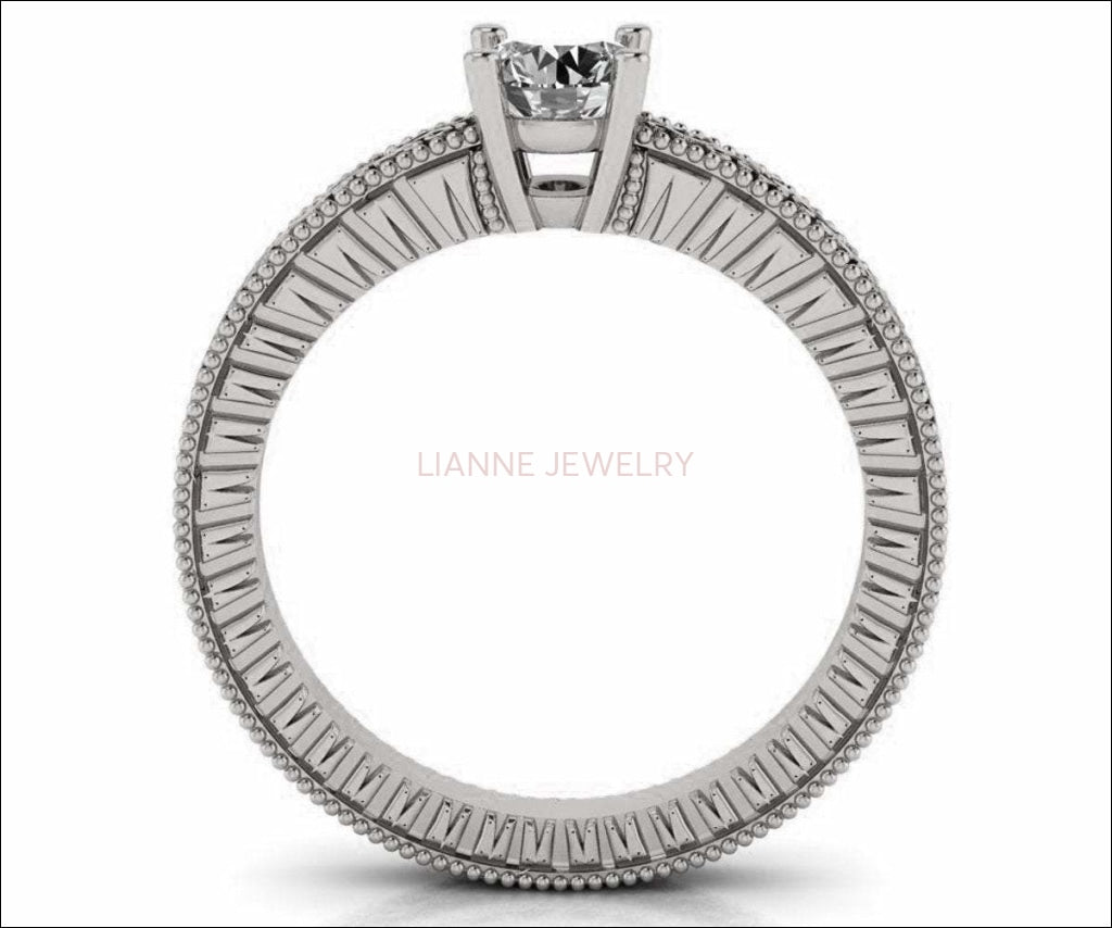 Diamond Solitaire Ring Unique Engagement ring Milgrain Filigree Ring 18K White Gold Engagement Gift - Lianne Jewelry