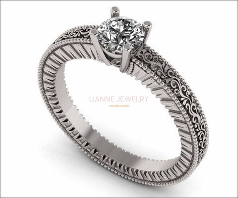 Diamond Solitaire Ring Unique Engagement ring Milgrain Filigree Ring 18K White Gold Engagement Gift - Lianne Jewelry