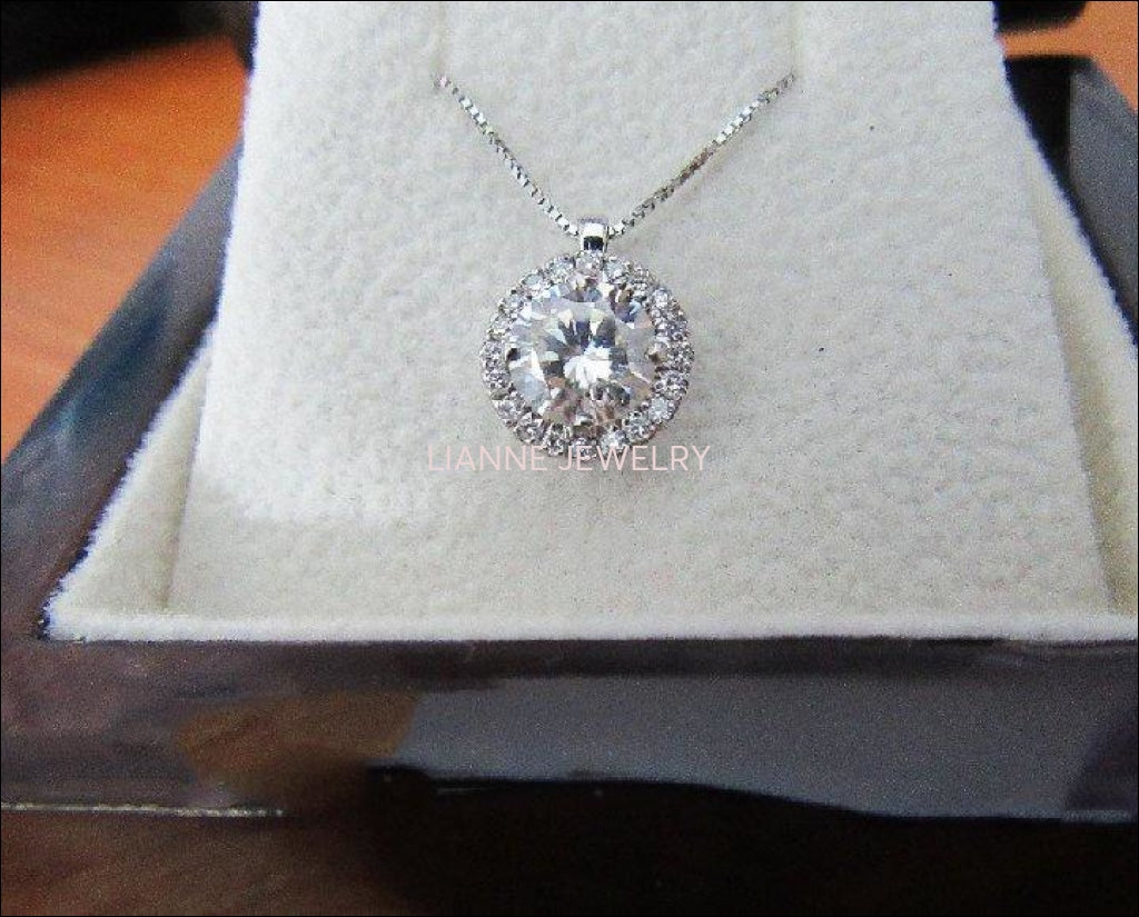 Pendant 14K White Gold Moissanite Diamond Halo Pendant with Chain Minimalist pendant - Lianne Jewelry