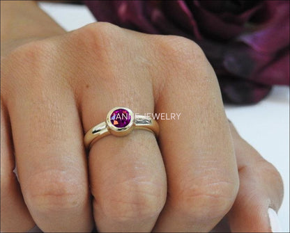 Solitaire Amethyst Ring Halo Ring Engagement Ring Bezel set Purple Genuine Gemstone  in 14K Yellow gold February Birthstone - Lianne Jewelry