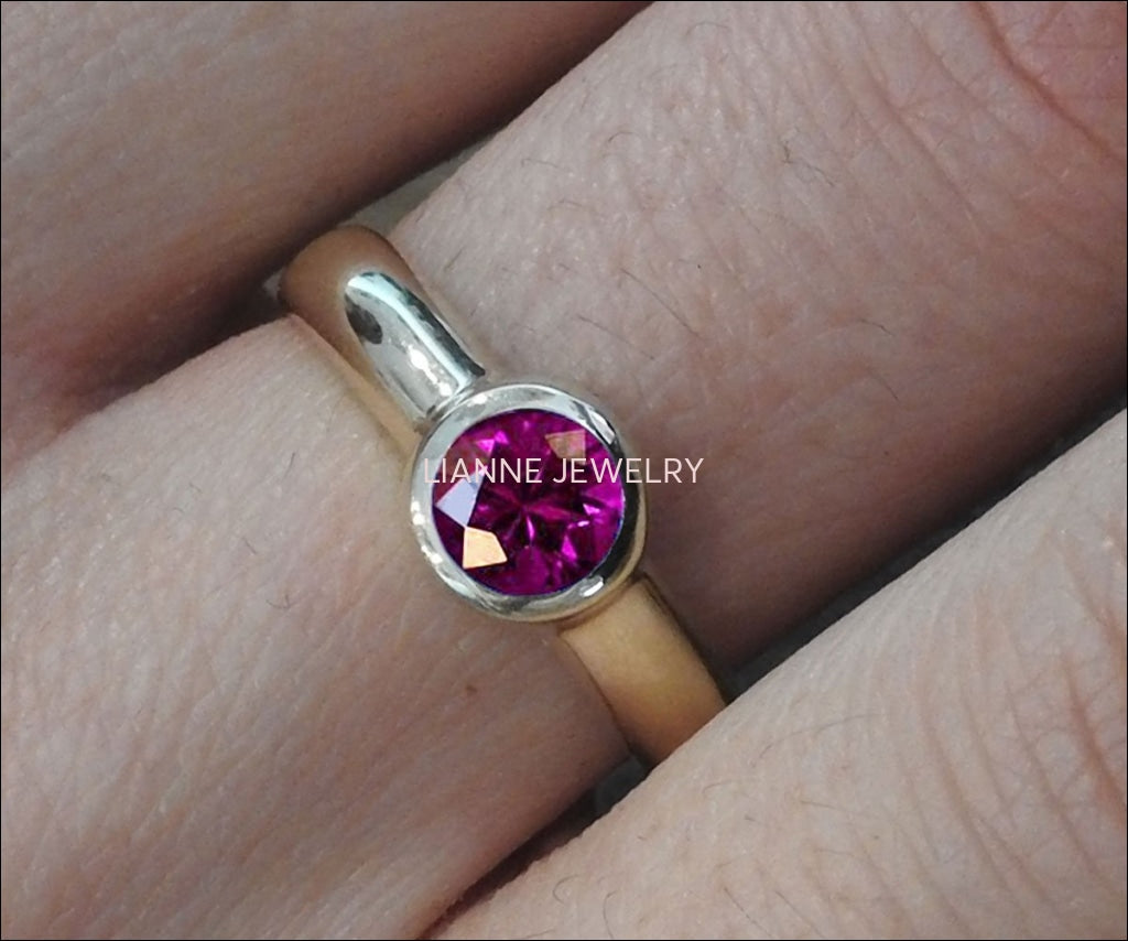 Solitaire Amethyst Ring Halo Ring Engagement Ring Bezel set Purple Genuine Gemstone  in 14K Yellow gold February Birthstone - Lianne Jewelry