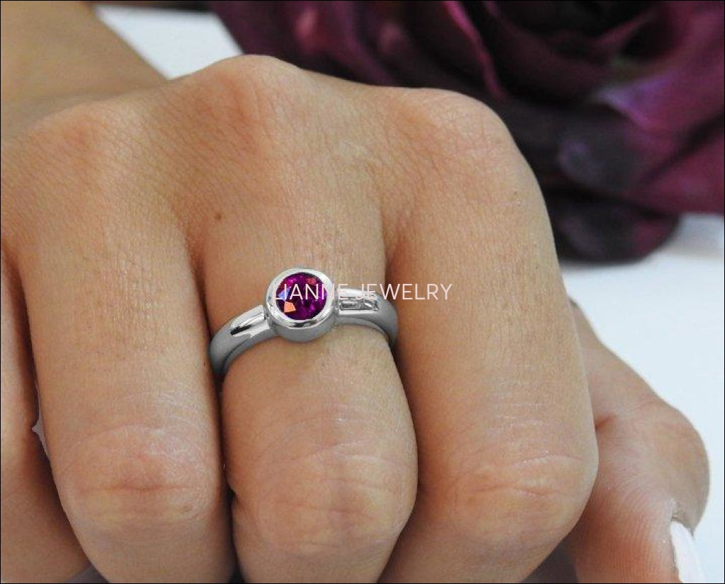 Solitaire Amethyst Ring Halo Ring Engagement Ring Bezel set Purple Genuine Gemstone  in 14K White gold February Birthstone - Lianne Jewelry