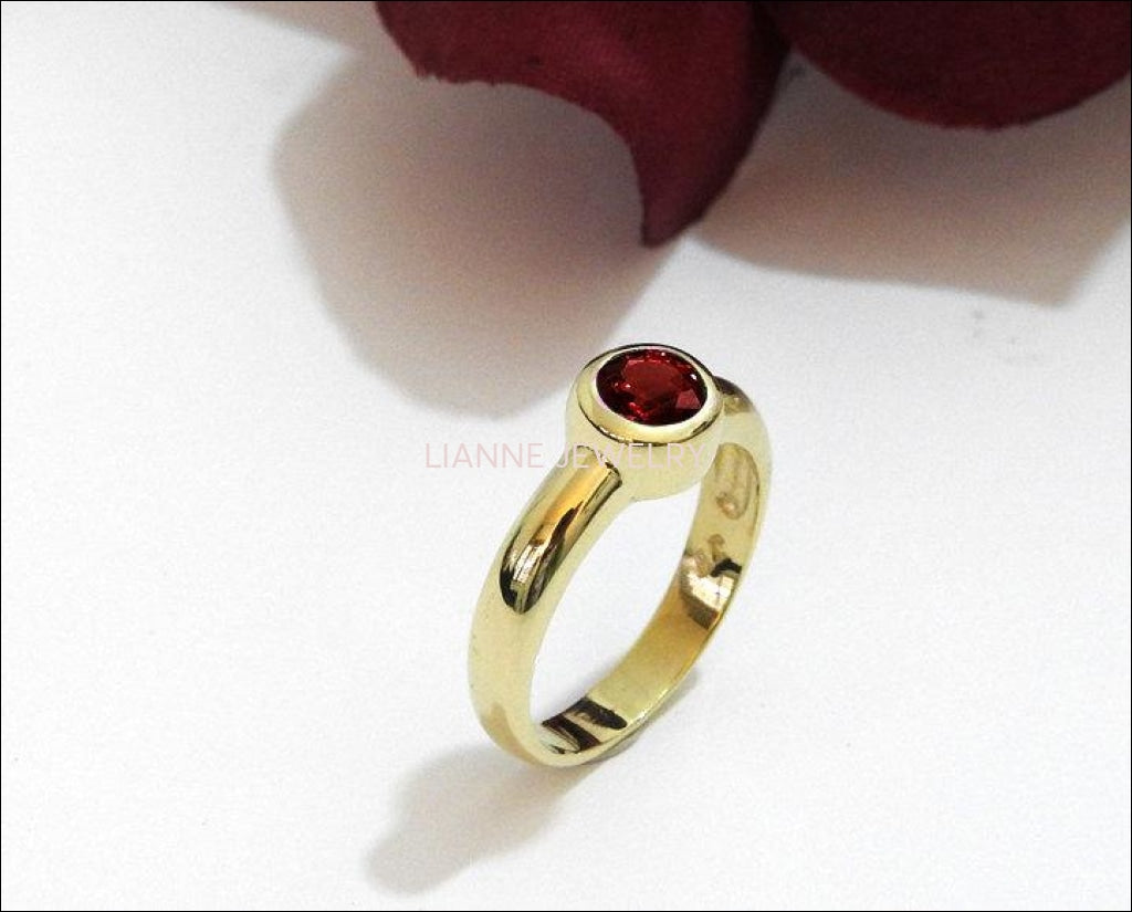 Ruby Ring Halo Ring Solitaire Engagement Ring Bezel set Red Genuine Gemstone  in 14K Yellow gold February Birthstone Gift - Lianne Jewelry