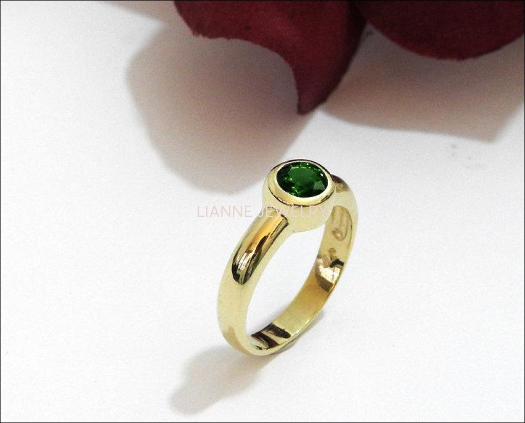 Solitaire Emerald Ring Chatham Emerald Halo Ring Anniversary Ring Bezel set Green stone in 14K Yellow gold February Birthstone - Lianne Jewelry