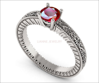 Solitaire Filigree Ruby Ring Unique Ruby Engagement ring Milgrain Ring 18K Yellow Gold Ring - Lianne Jewelry