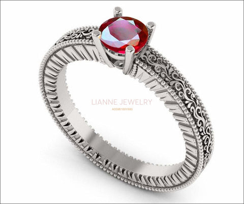 Solitaire Filigree Ruby Ring Unique Ruby Engagement ring Milgrain Ring 18K White Gold Ring - Lianne Jewelry