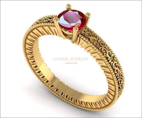 Solitaire Filigree Ruby Ring Unique Ruby Engagement ring Milgrain Ring 18K Yellow Gold Ring - Lianne Jewelry