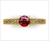 Solitaire Filigree Ruby Ring Unique Ruby Engagement ring Milgrain Ring 18K Yellow Gold Ring - Lianne Jewelry