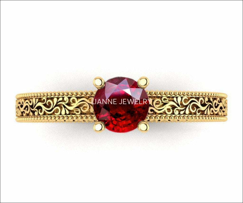 Solitaire Filigree Ruby Ring Unique Ruby Engagement ring Milgrain Ring 18K Rose Gold Ring - Lianne Jewelry