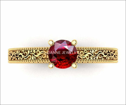 Solitaire Filigree Ruby Ring Unique Ruby Engagement ring Milgrain Ring 18K Rose Gold Ring - Lianne Jewelry