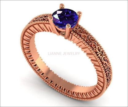 Sapphire Solitaire Filigree Ring, Unique Blue Genuine Sapphire Engagement ring Milgrain Ring 18K Yellow Gold Ring - Lianne Jewelry