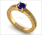 Sapphire Solitaire Filigree Ring, Unique Blue Genuine Sapphire Engagement ring Milgrain Ring 18K Yellow Gold Ring - Lianne Jewelry